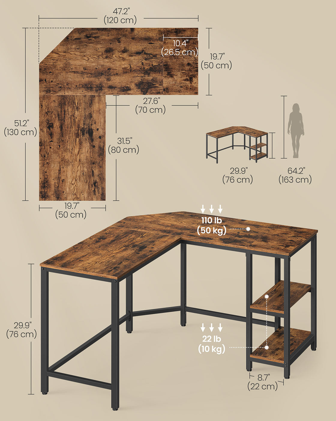 L-Shaped Computer Desk – Wood – Rustic Brown and Ink Black – Industrial Design with Shelf