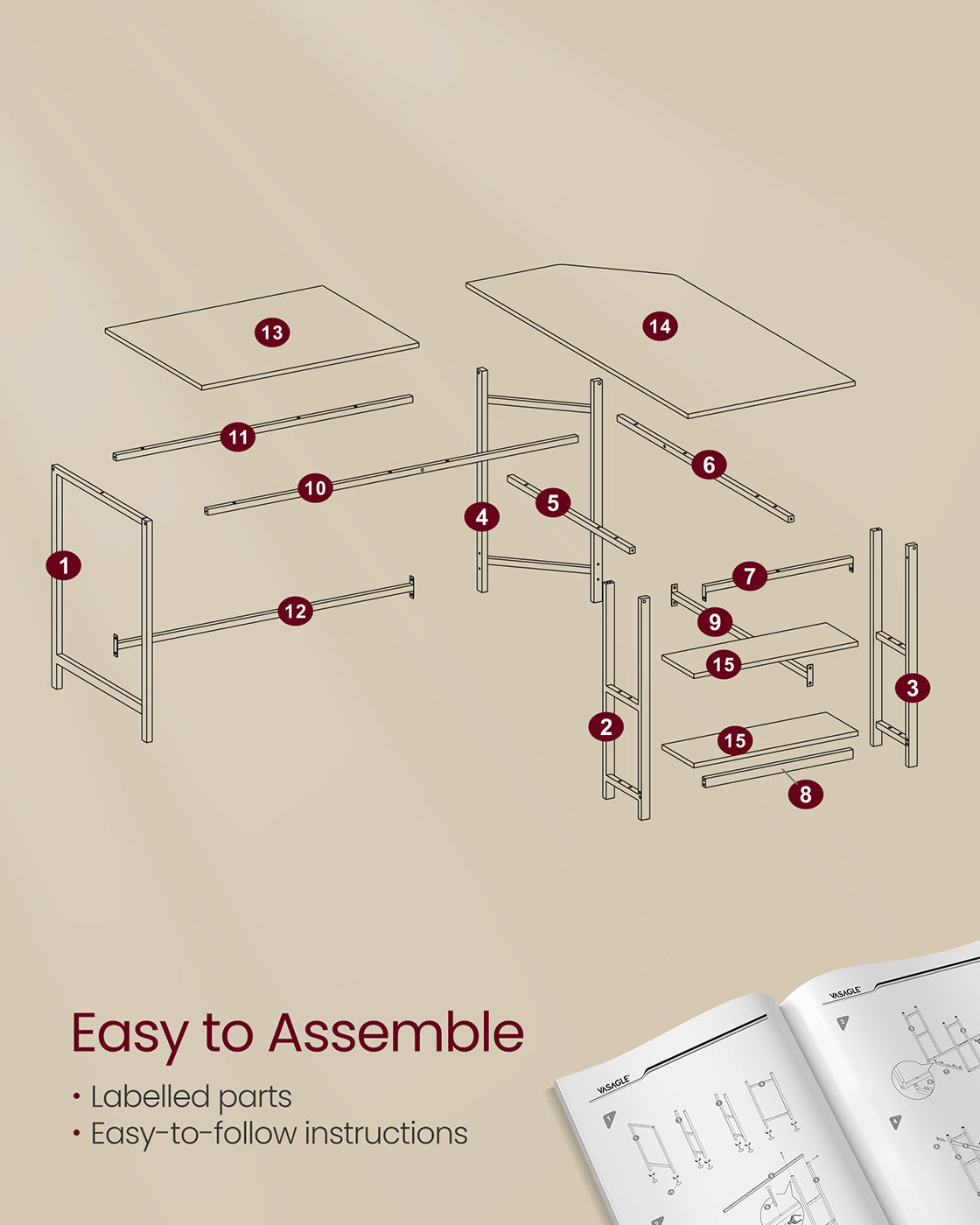 L-Shaped Computer Desk – Wood – Rustic Brown and Ink Black – Industrial Design with Shelf