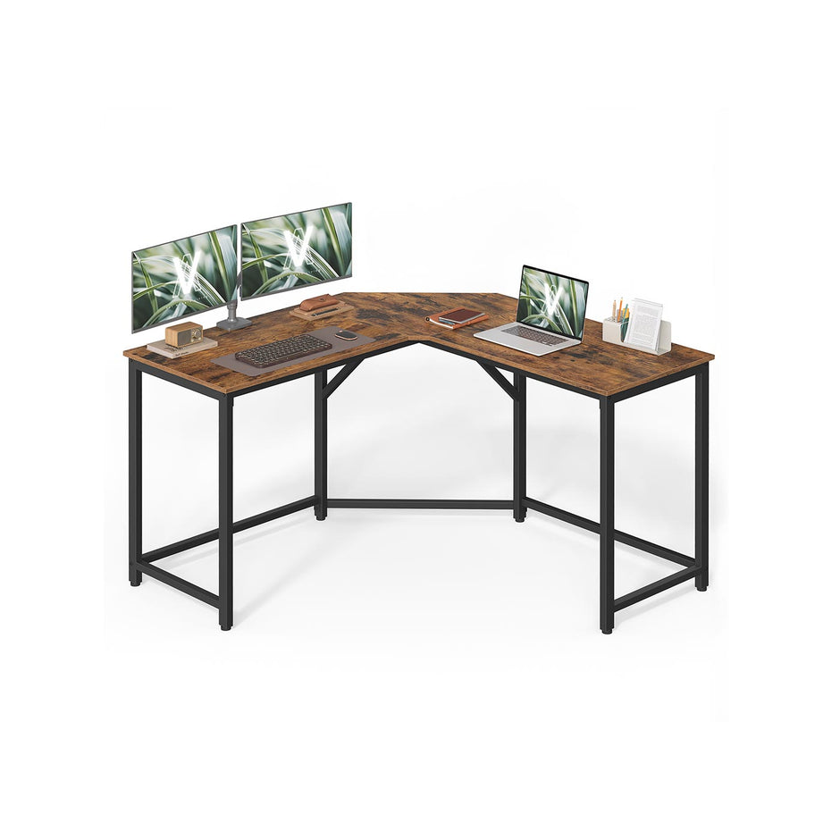 L-Shaped Computer Desk – Wood – Rustic Brown and Ink Black – Space-Saving Design