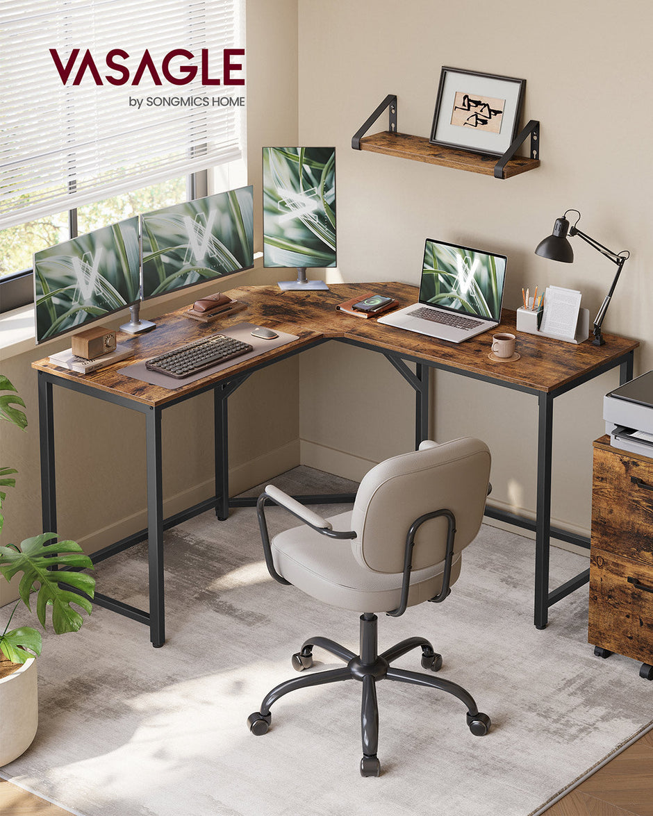 L-Shaped Computer Desk – Wood – Rustic Brown and Ink Black – Space-Saving Design