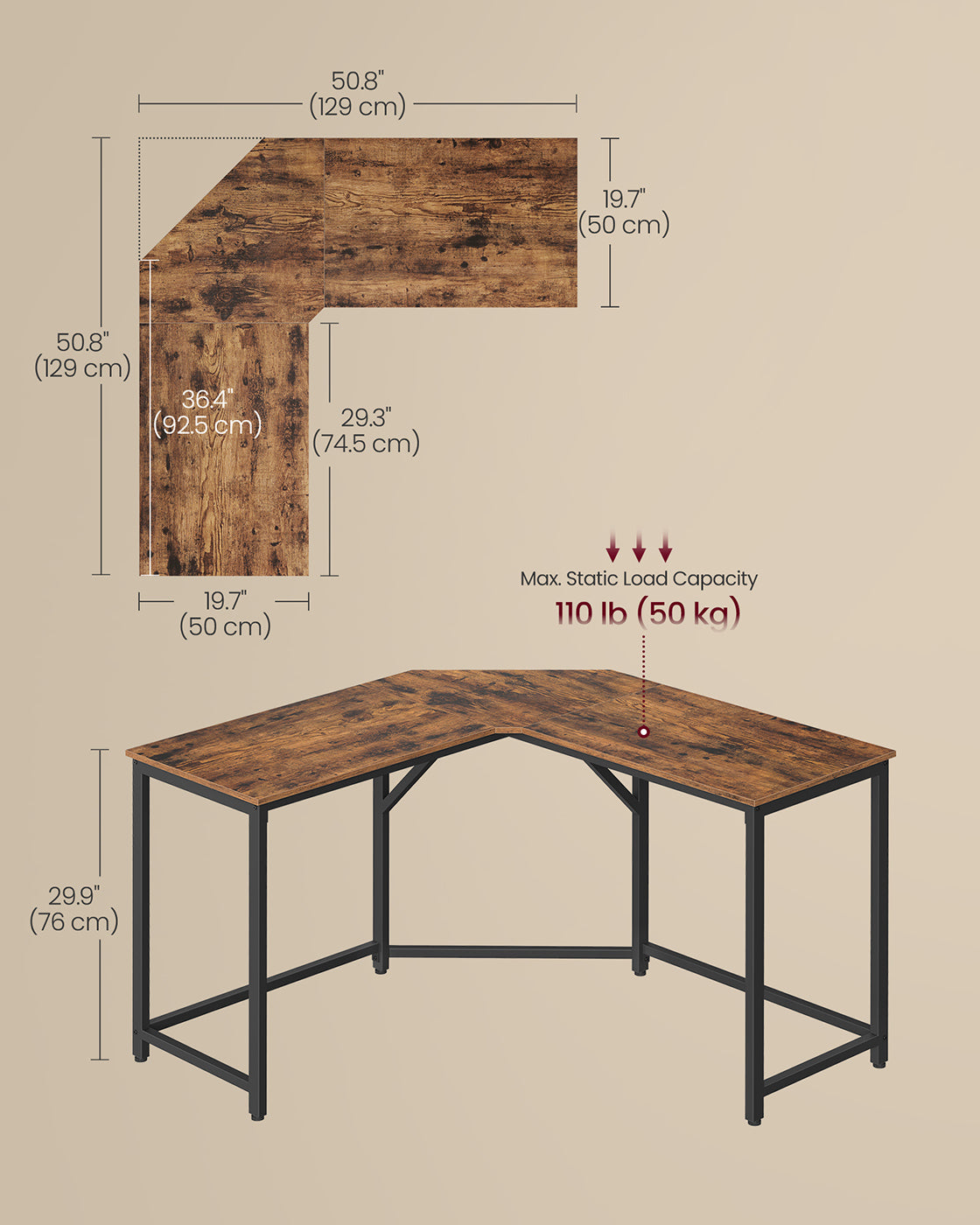 L-Shaped Computer Desk – Wood – Rustic Brown and Ink Black – Space-Saving Design