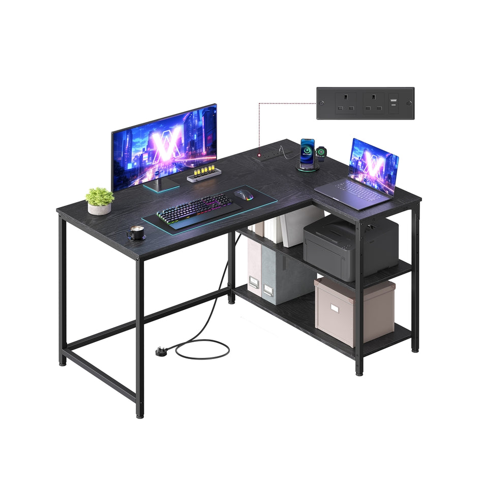 L Shaped Corner Desk - 110 x 80 cm - Particleboard, Steel - Power Outlets - 2 USB Ports