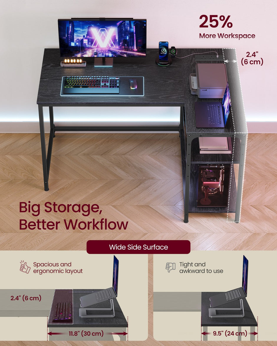 L Shaped Corner Desk - 110 x 80 cm - Particleboard, Steel - Power Outlets - 2 USB Ports