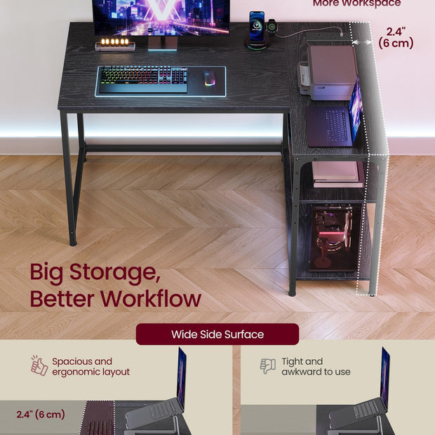 L Shaped Corner Desk - 110 x 80 cm - Particleboard, Steel - Power Outlets - 2 USB Ports