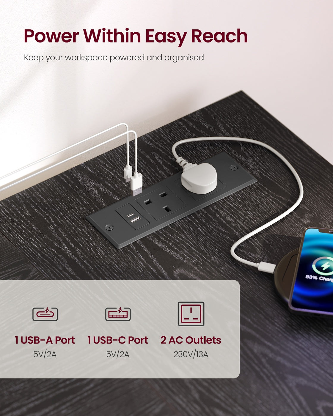 L Shaped Corner Desk - 110 x 80 cm - Particleboard, Steel - Power Outlets - 2 USB Ports