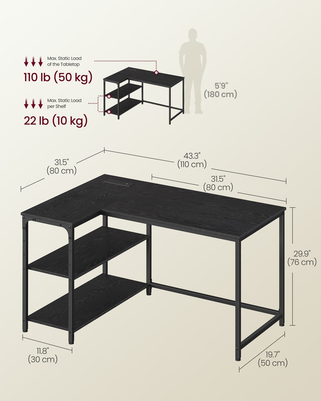 L Shaped Corner Desk - 110 x 80 cm - Particleboard, Steel - Power Outlets - 2 USB Ports