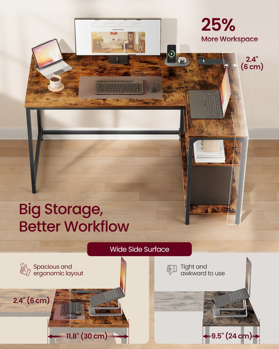 L Shaped Corner Desk - 120x80 - Particleboard & Steel - Power Outlets - 2 USB Ports
