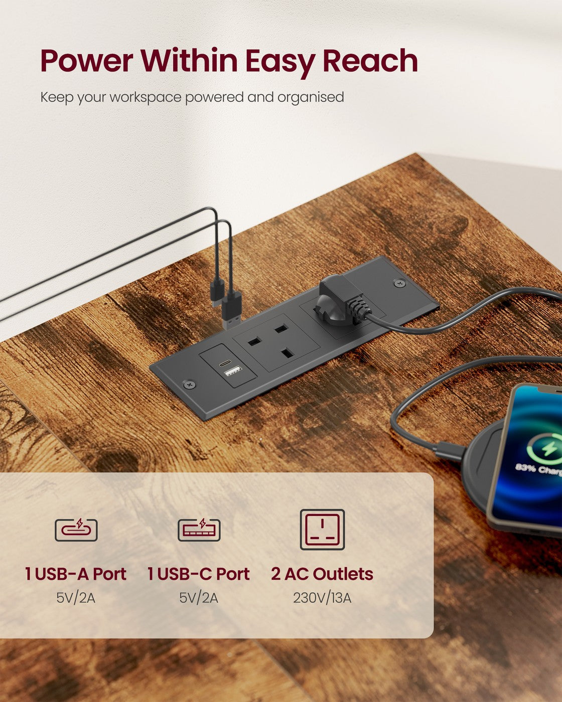 L Shaped Corner Desk - 120x80 - Particleboard & Steel - Power Outlets - 2 USB Ports