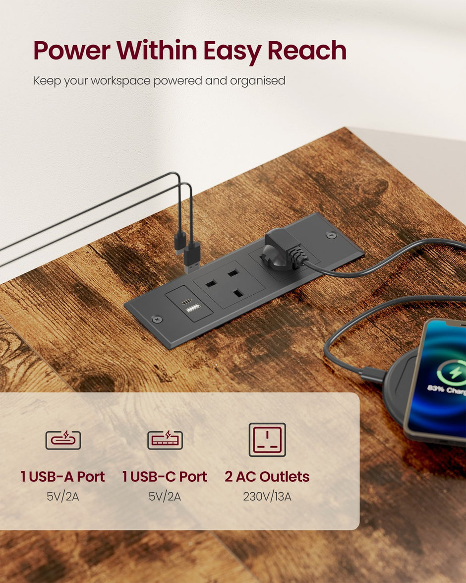 L Shaped Corner Desk - 120x80 - Particleboard & Steel - Power Outlets - 2 USB Ports
