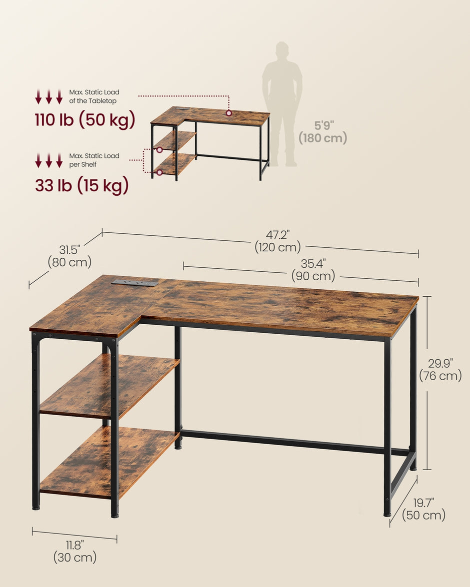 L Shaped Corner Desk - 120x80 - Particleboard & Steel - Power Outlets - 2 USB Ports