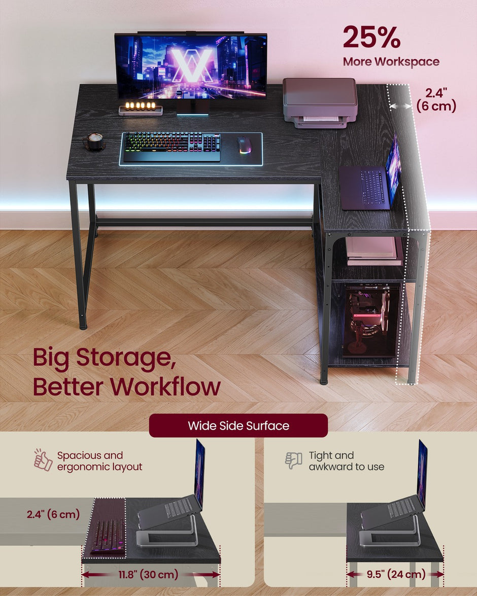 L Shaped Corner Desk - 110L - Particleboard, Steel - Storage - Adjustable Shelves