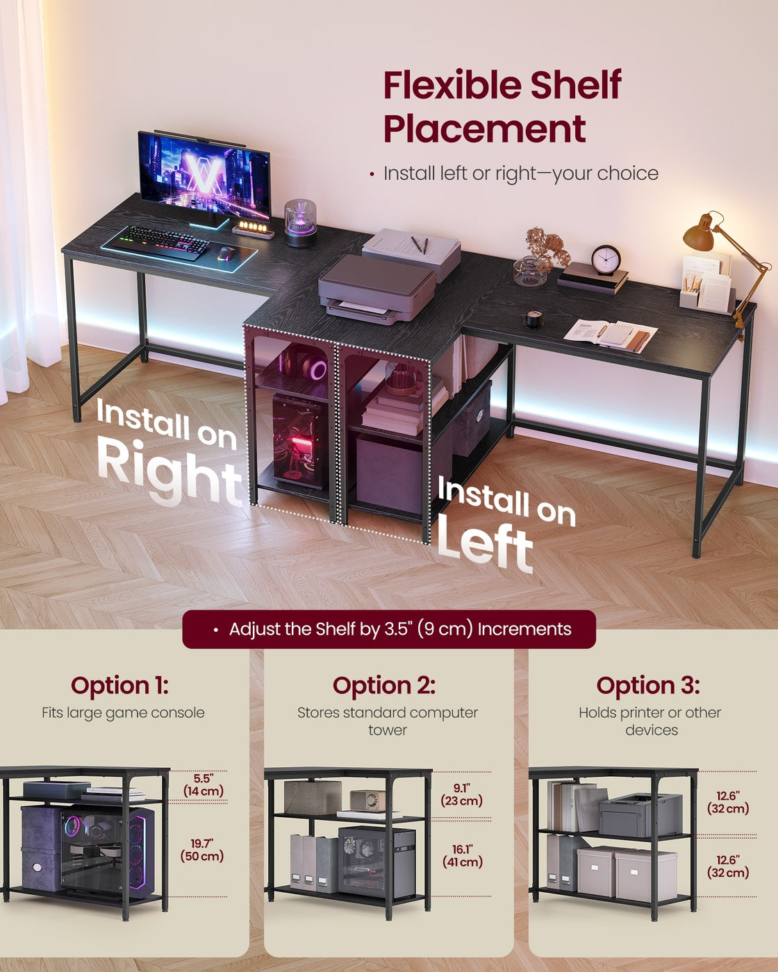 L Shaped Corner Desk - 110L - Particleboard, Steel - Storage - Adjustable Shelves