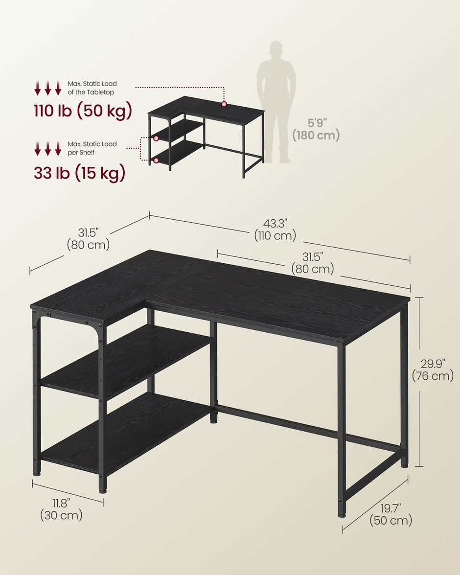 L Shaped Corner Desk - 110L - Particleboard, Steel - Storage - Adjustable Shelves