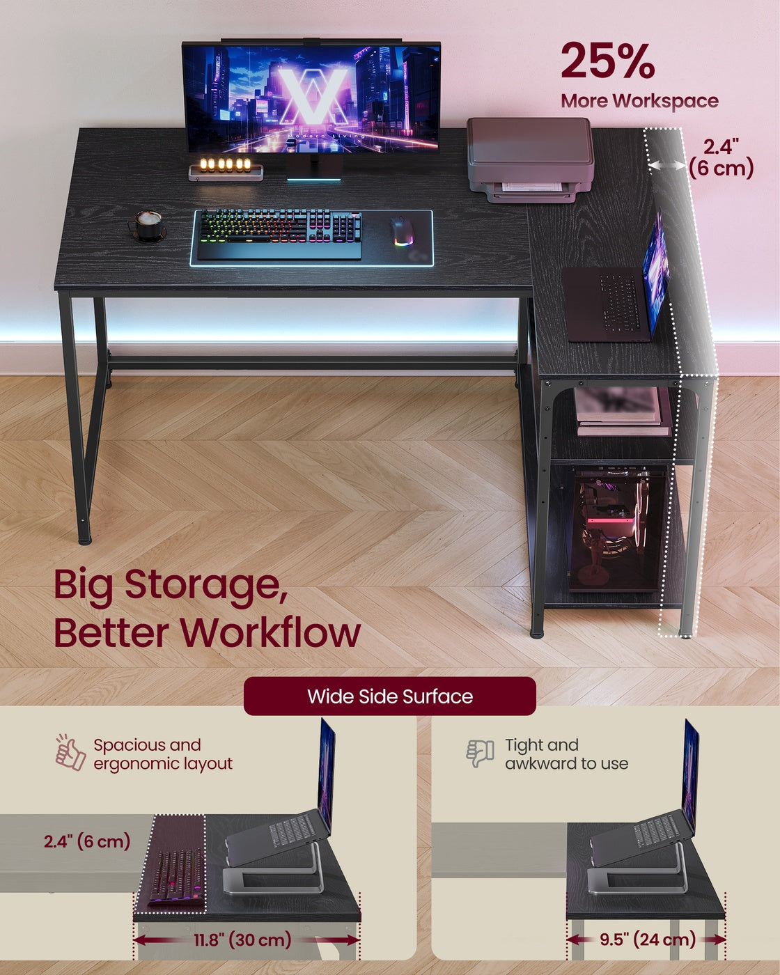 L Shaped Corner Desk - 120 x 80 - Particleboard, Steel - Reversible Height-Adjustable Shelves - Storage Compartments