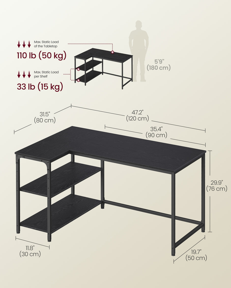 L Shaped Corner Desk - 120 x 80 - Particleboard, Steel - Reversible Height-Adjustable Shelves - Storage Compartments