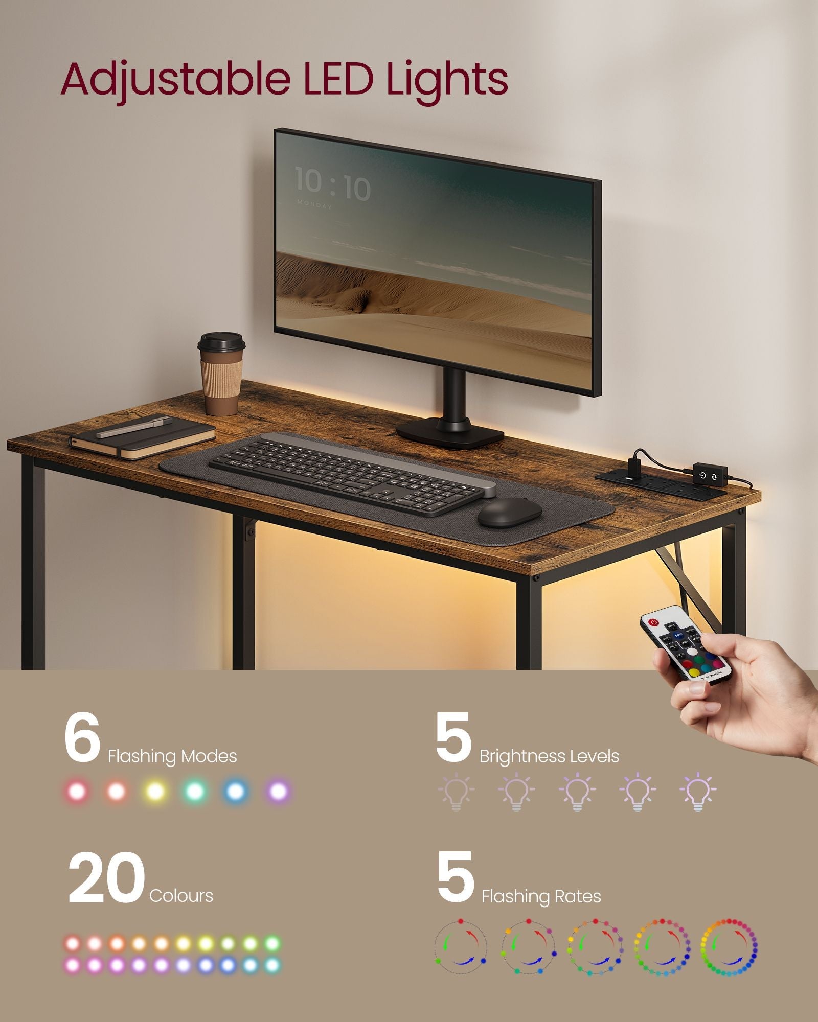 Computer Desk – Wood – Rustic Brown and Ink Black – With LED Lights and Built-In Power Outlets