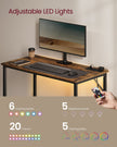 Computer Desk – Wood – Rustic Brown and Ink Black – With LED Lights and Built-In Power Outlets