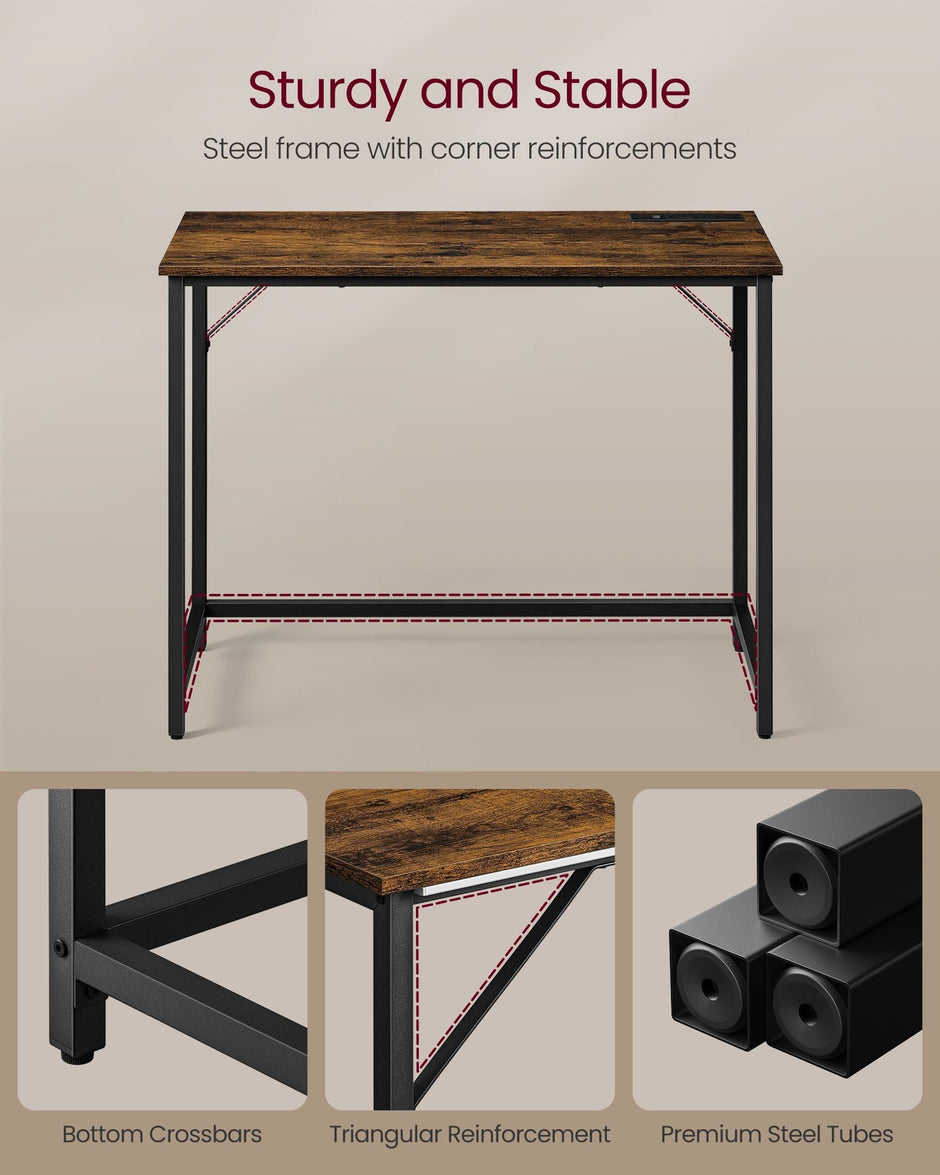 Computer Desk – Wood – Rustic Brown and Ink Black – With LED Lights and Built-In Power Outlets