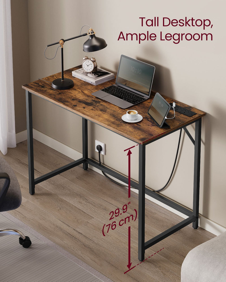 Computer Desk – Wood – Rustic Brown and Ink Black – With LED Lights and Built-In Power Outlets