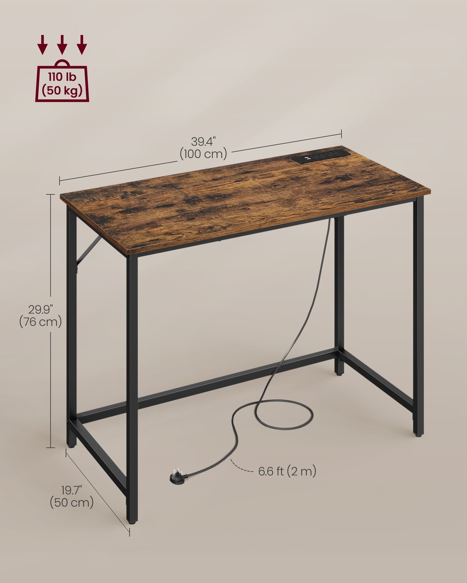 Computer Desk – Wood – Rustic Brown and Ink Black – With LED Lights and Built-In Power Outlets