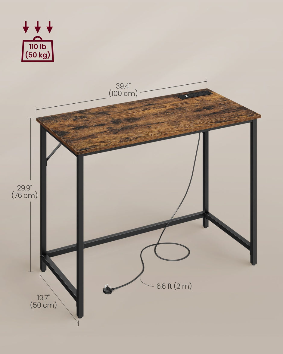 Computer Desk – Wood – Rustic Brown and Ink Black – With LED Lights and Built-In Power Outlets