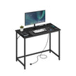 Computer Desk – Wood – Ebony Black – LED Lights and Built-In Power Outlets, Space-Saving Design