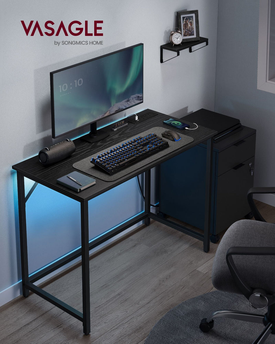 Computer Desk – Wood – Ebony Black – LED Lights and Built-In Power Outlets, Space-Saving Design