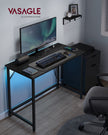 Computer Desk – Wood – Ebony Black – LED Lights and Built-In Power Outlets, Space-Saving Design