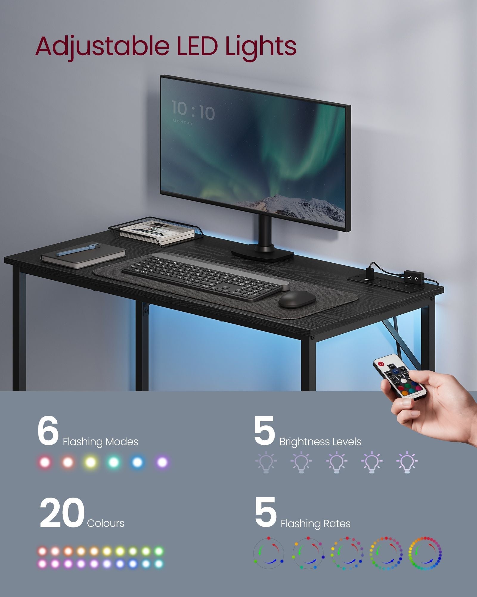 Computer Desk – Wood – Ebony Black – LED Lights and Built-In Power Outlets, Space-Saving Design