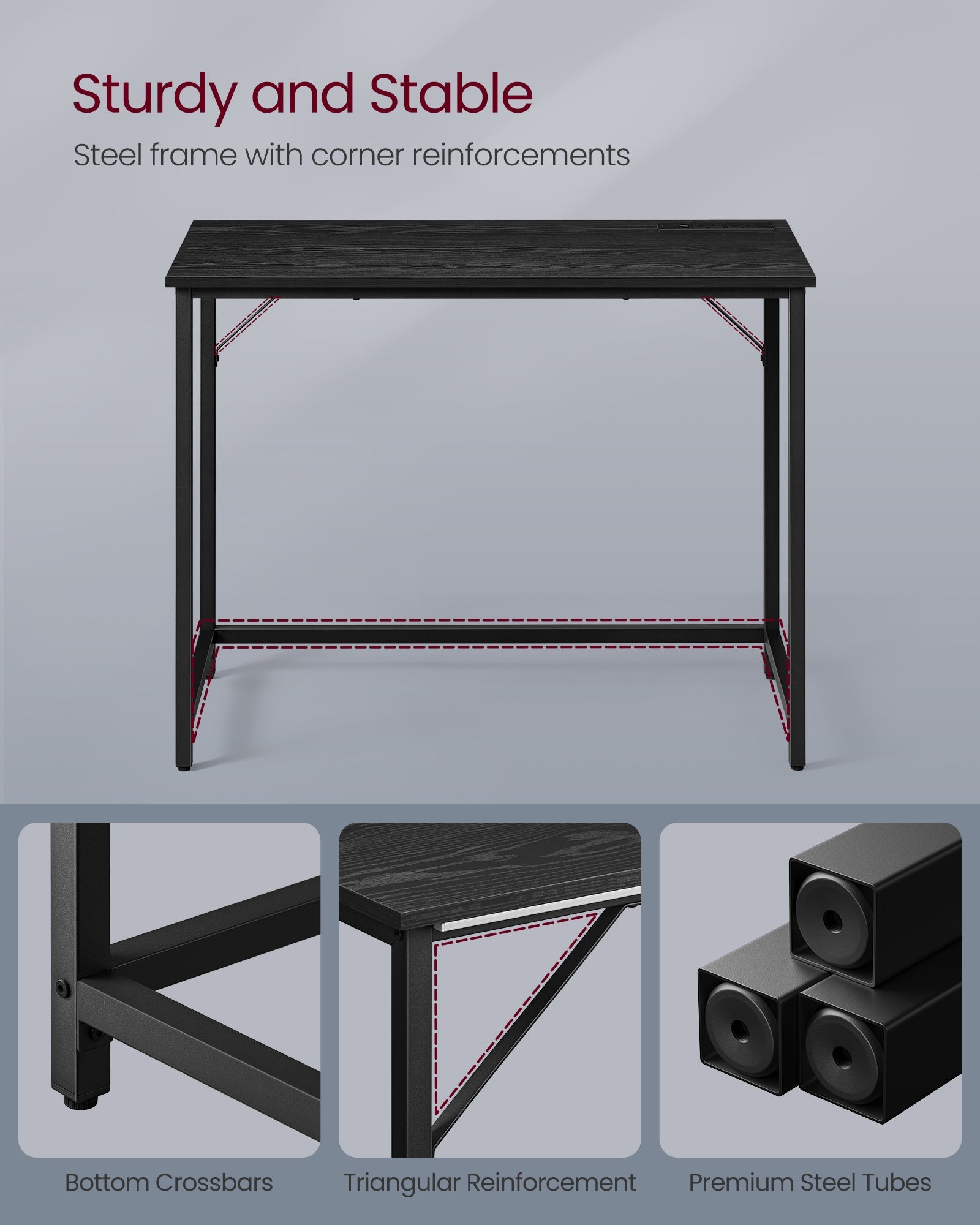 Computer Desk – Wood – Ebony Black – LED Lights and Built-In Power Outlets, Space-Saving Design
