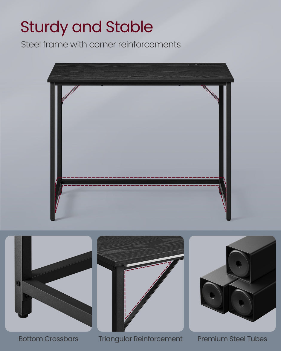 Computer Desk – Wood – Ebony Black – LED Lights and Built-In Power Outlets, Space-Saving Design