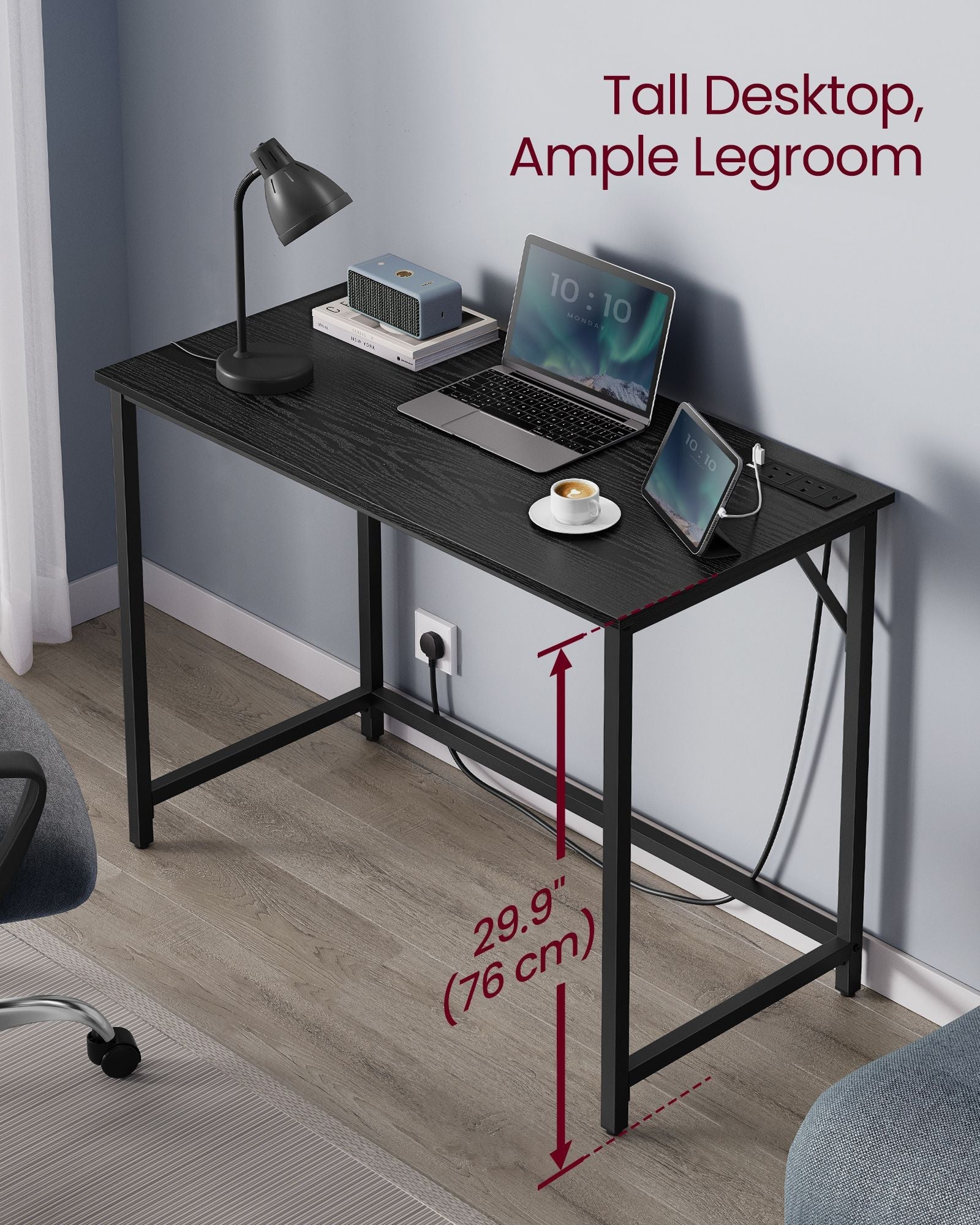 Computer Desk – Wood – Ebony Black – LED Lights and Built-In Power Outlets, Space-Saving Design