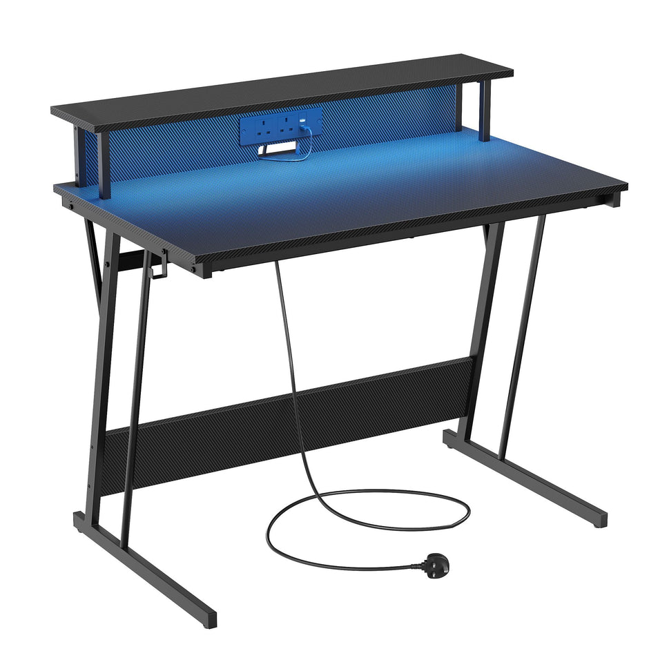 Gaming Desk – Carbon Black – Features LED Lighting and Built-In Power Outlets