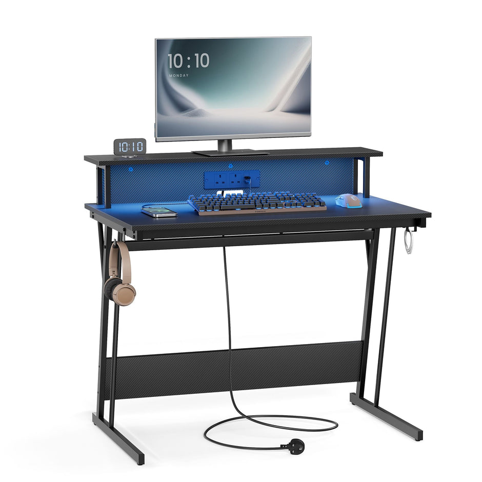 Gaming Desk – Carbon Black – Features LED Lighting and Built-In Power Outlets