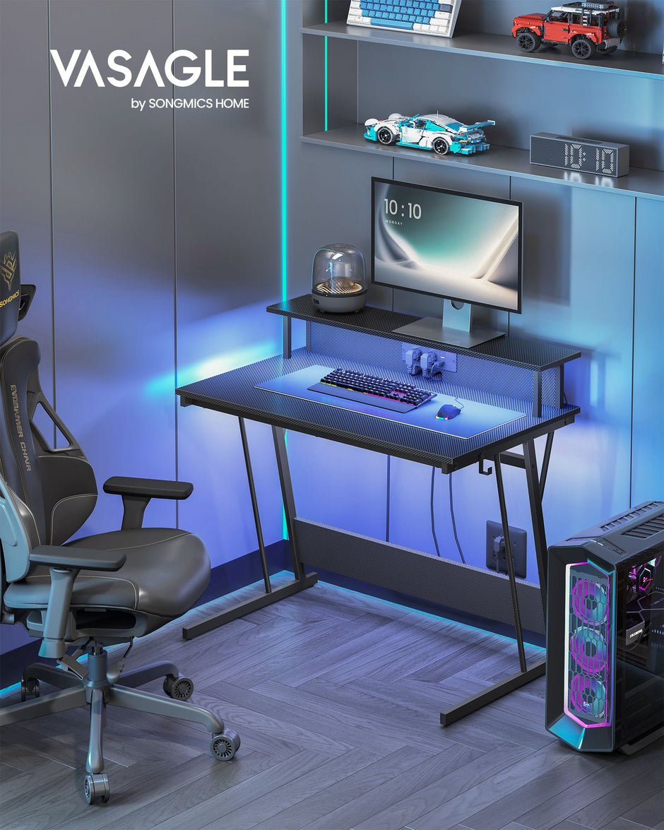 Gaming Desk – Carbon Black – Features LED Lighting and Built-In Power Outlets