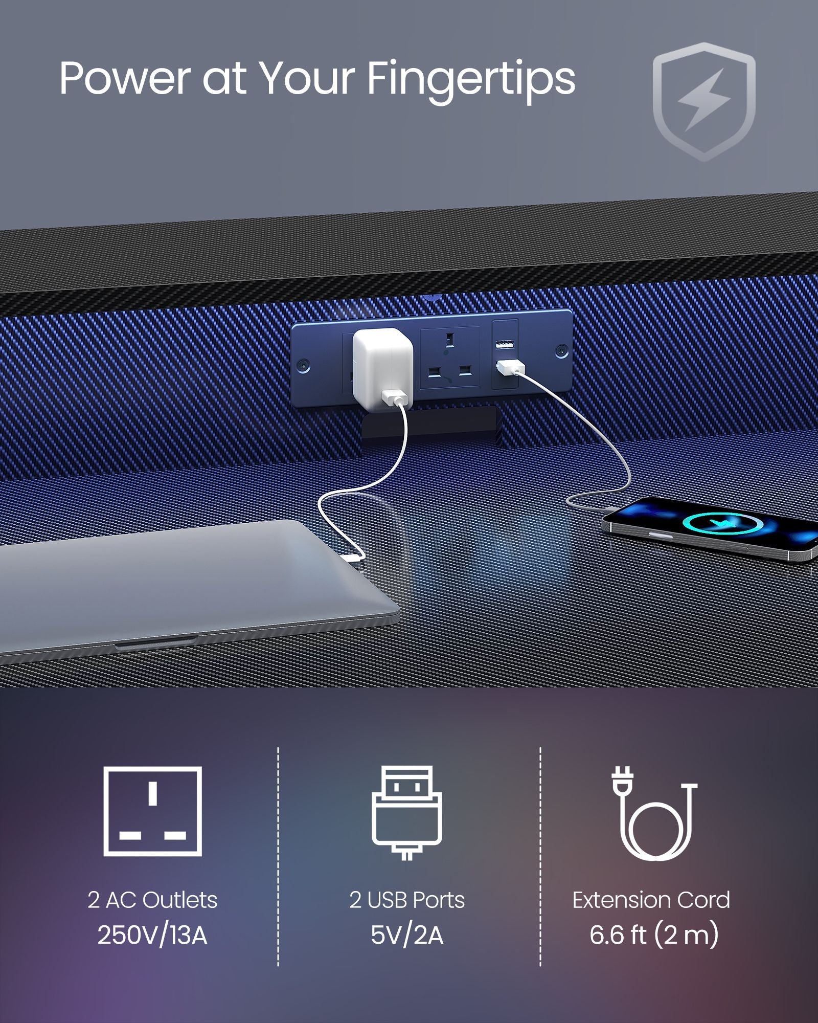 Gaming Desk – Carbon Black – Features LED Lighting and Built-In Power Outlets