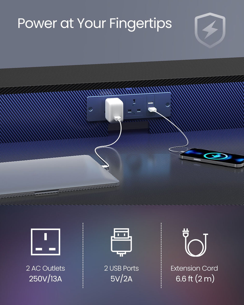 Gaming Desk – Carbon Black – Features LED Lighting and Built-In Power Outlets