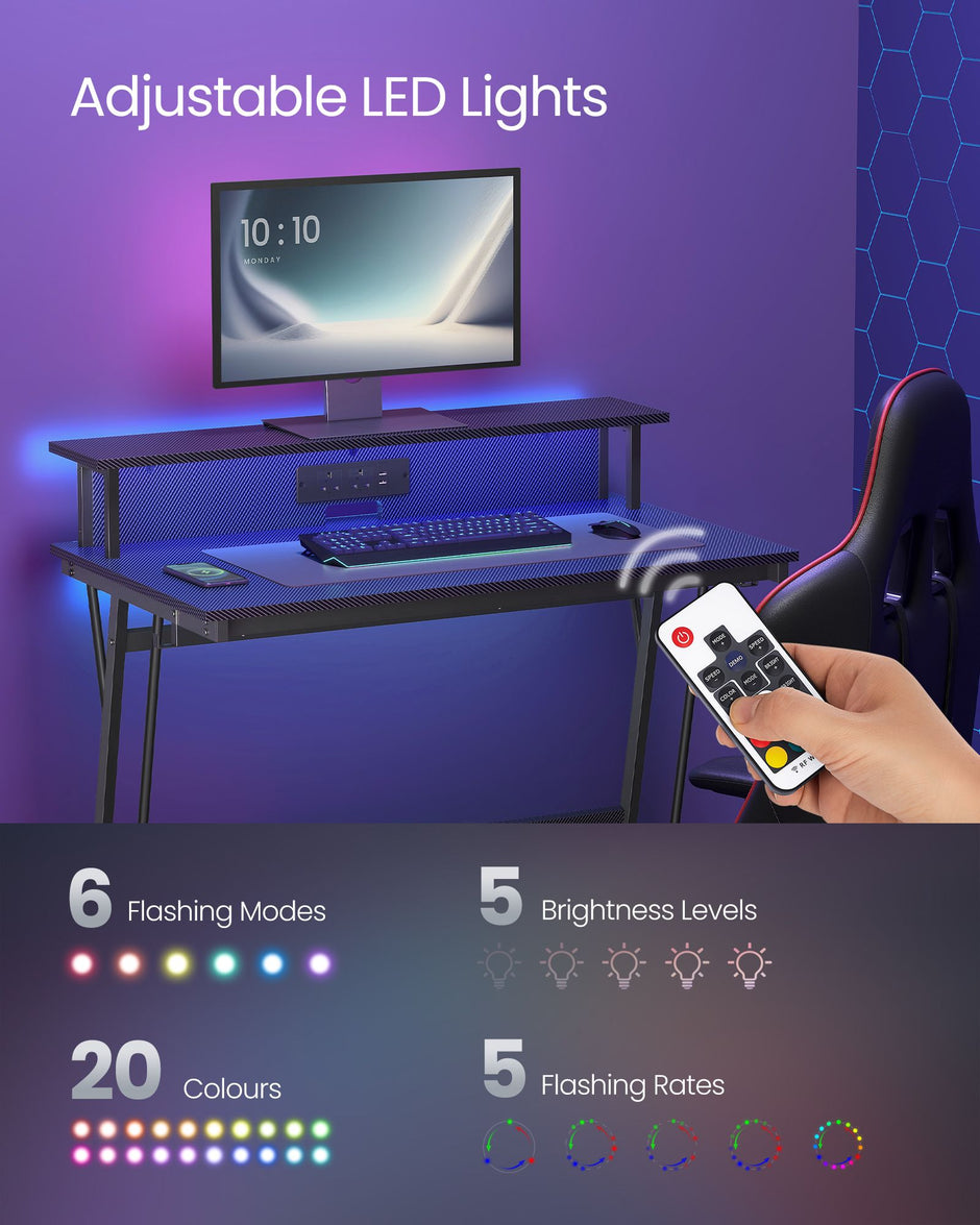 Gaming Desk – Carbon Black – Features LED Lighting and Built-In Power Outlets