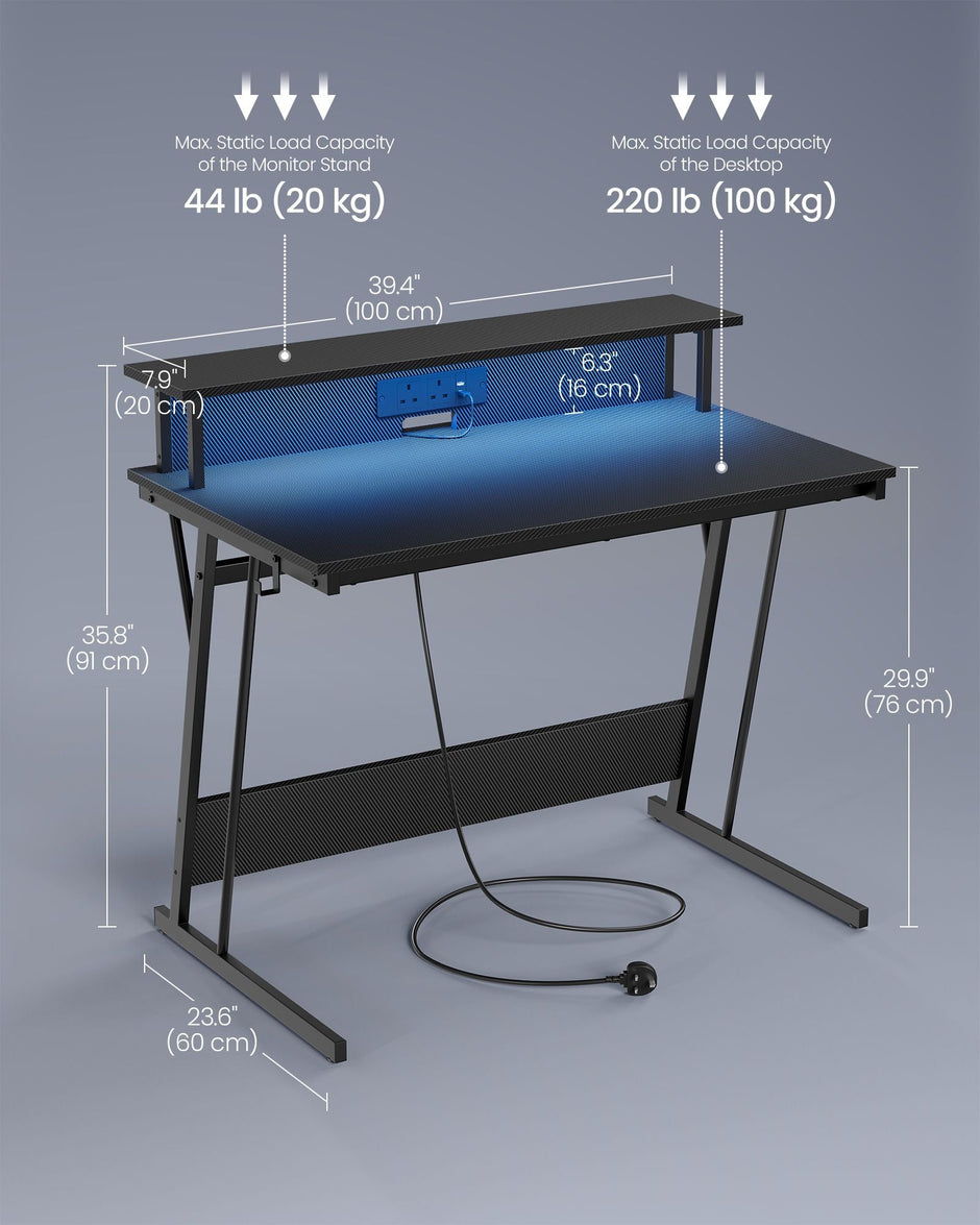 Gaming Desk – Carbon Black – Features LED Lighting and Built-In Power Outlets