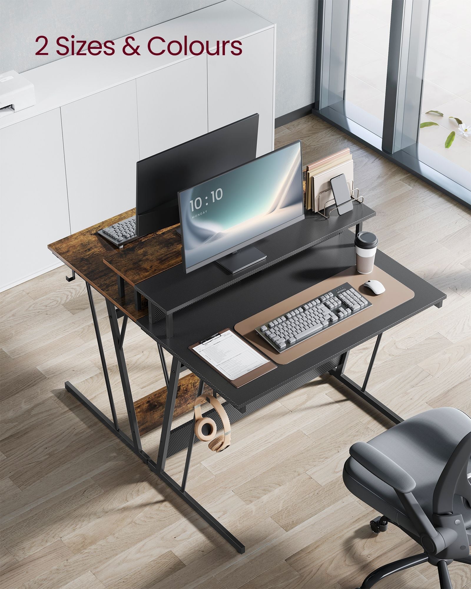 Gaming Desk – Carbon Black – Features LED Lighting and Built-In Power Outlets