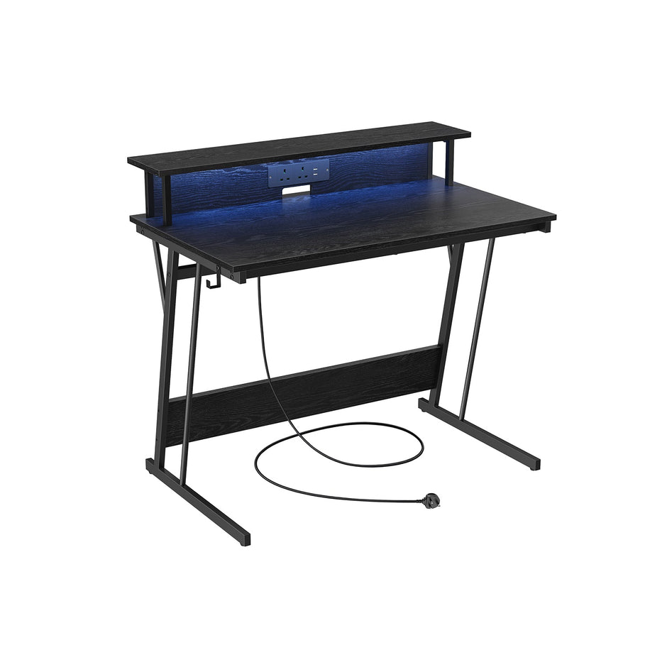 Gaming Desk – MDF and Steel – Black – LED Lighting and Built-In Power Outlets, Monitor Shelf