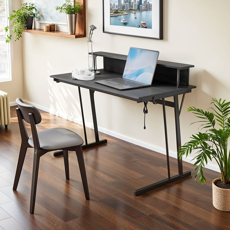Computer Desk – Engineered Wood – Black – LED Lights and Built-In Power Outlets, Monitor Shelf