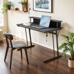 Computer Desk – Engineered Wood – Black – LED Lights and Built-In Power Outlets, Monitor Shelf