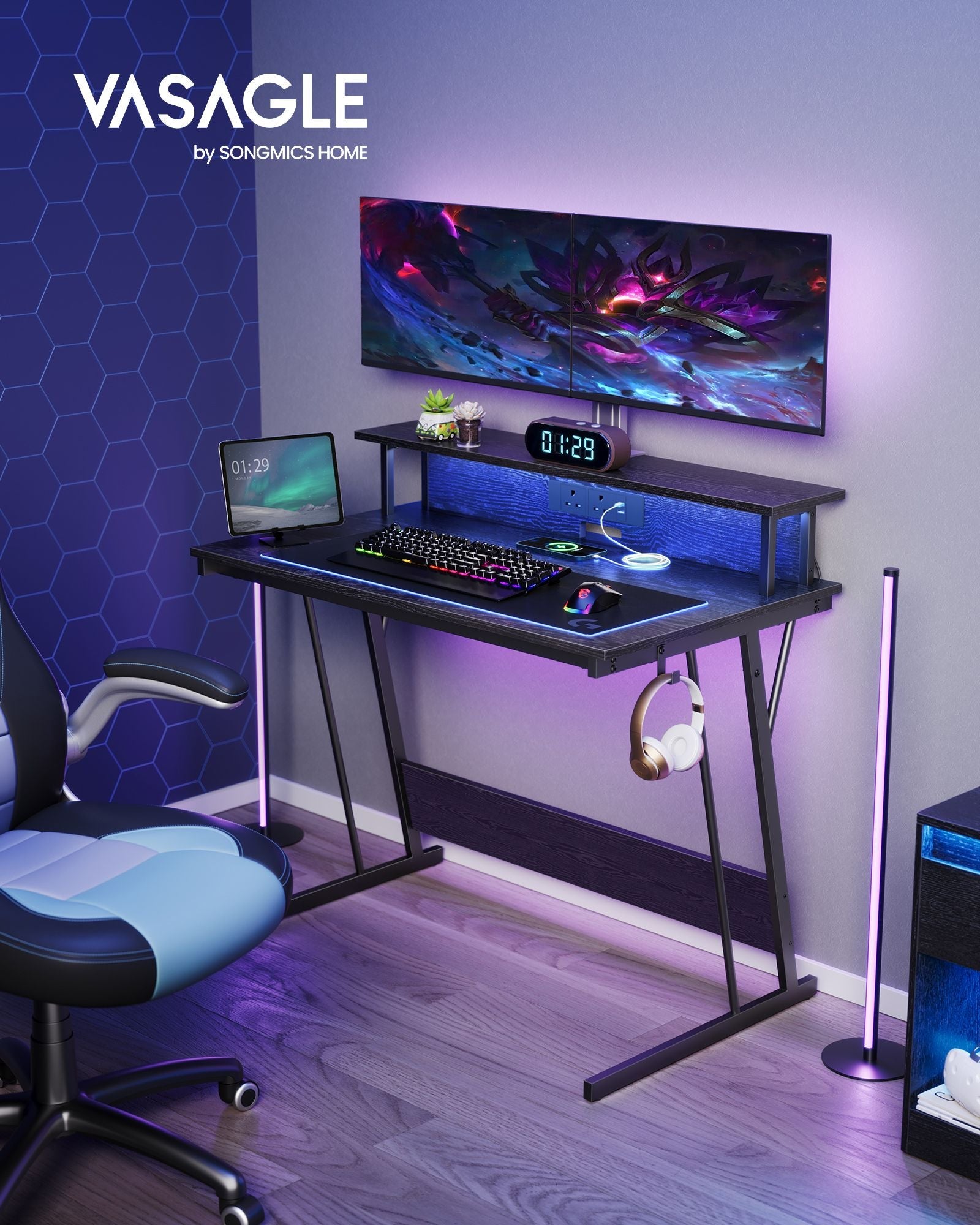 Gaming Desk – MDF and Steel – Black – LED Lighting and Built-In Power Outlets, Monitor Shelf