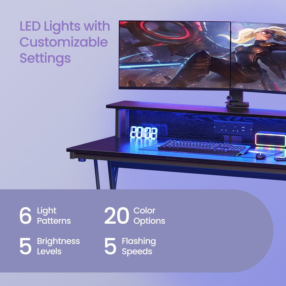 Computer Desk – Engineered Wood – Black – LED Lights and Built-In Power Outlets, Monitor Shelf