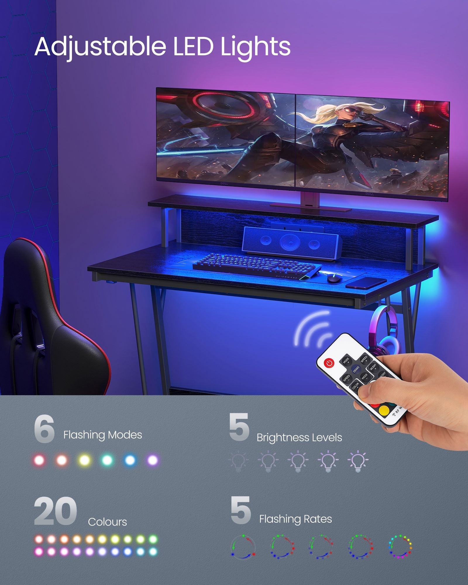 Gaming Desk – MDF and Steel – Black – LED Lighting and Built-In Power Outlets, Monitor Shelf