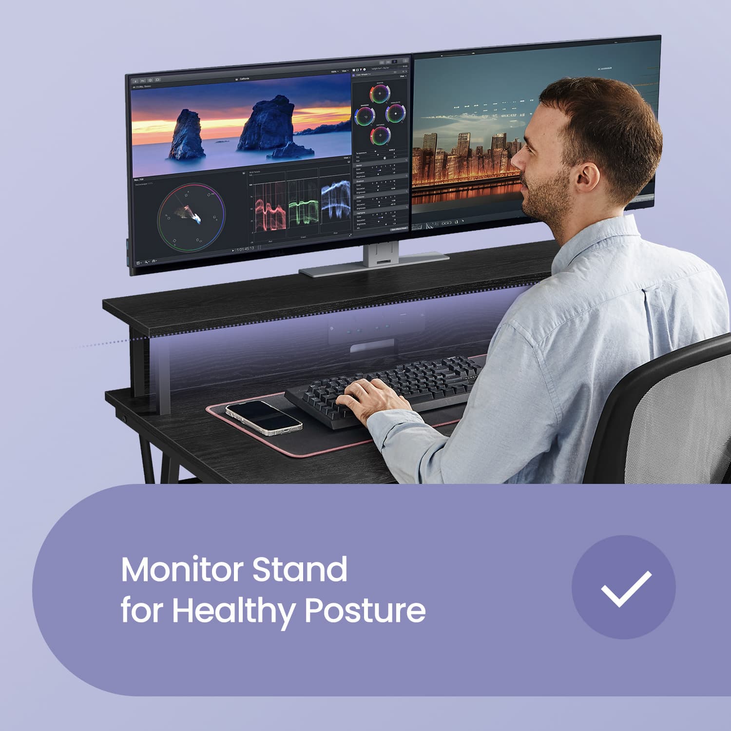 Computer Desk – Engineered Wood – Black – LED Lights and Built-In Power Outlets, Monitor Shelf