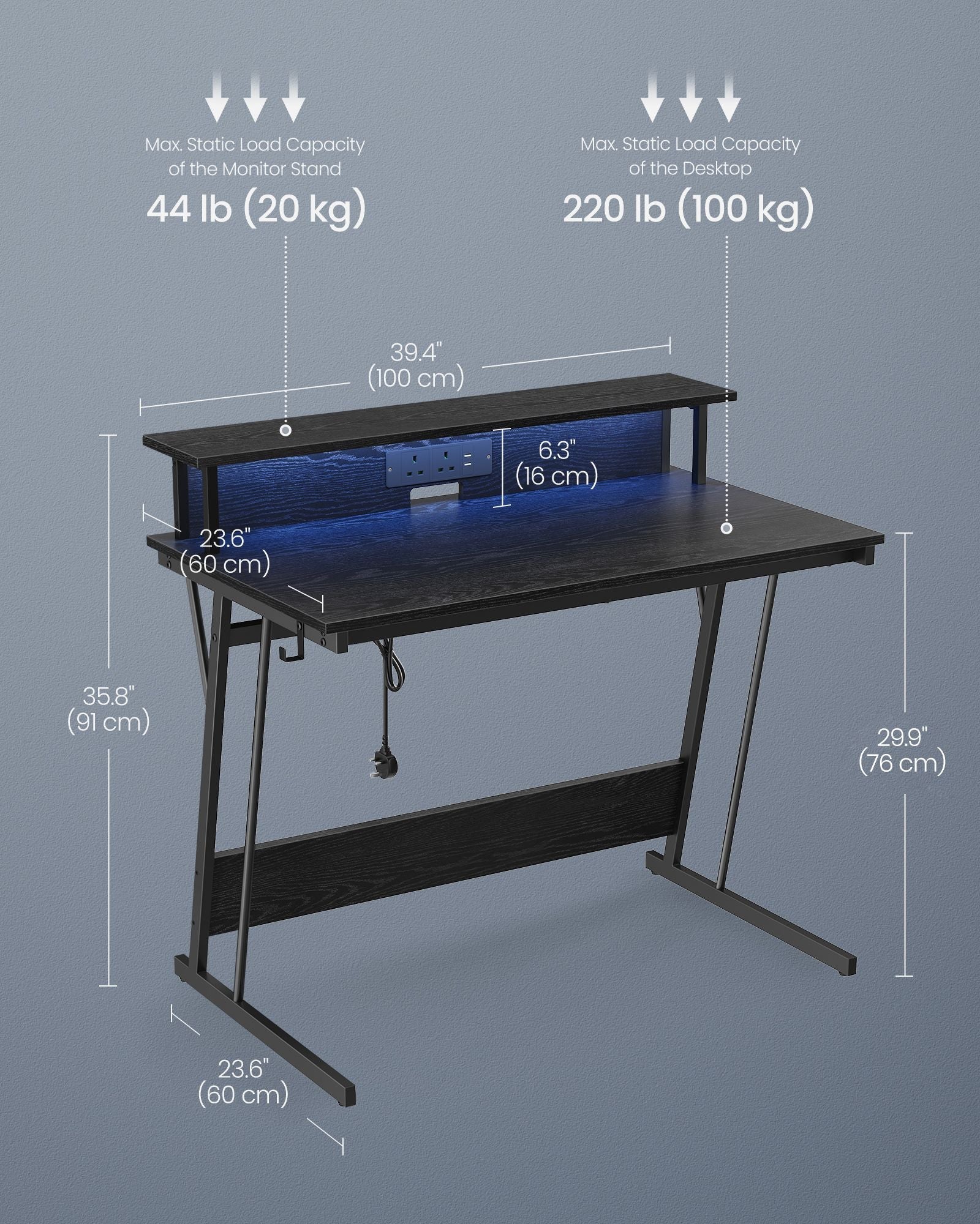 Gaming Desk – MDF and Steel – Black – LED Lighting and Built-In Power Outlets, Monitor Shelf