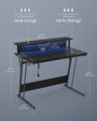 Gaming Desk – MDF and Steel – Black – LED Lighting and Built-In Power Outlets, Monitor Shelf