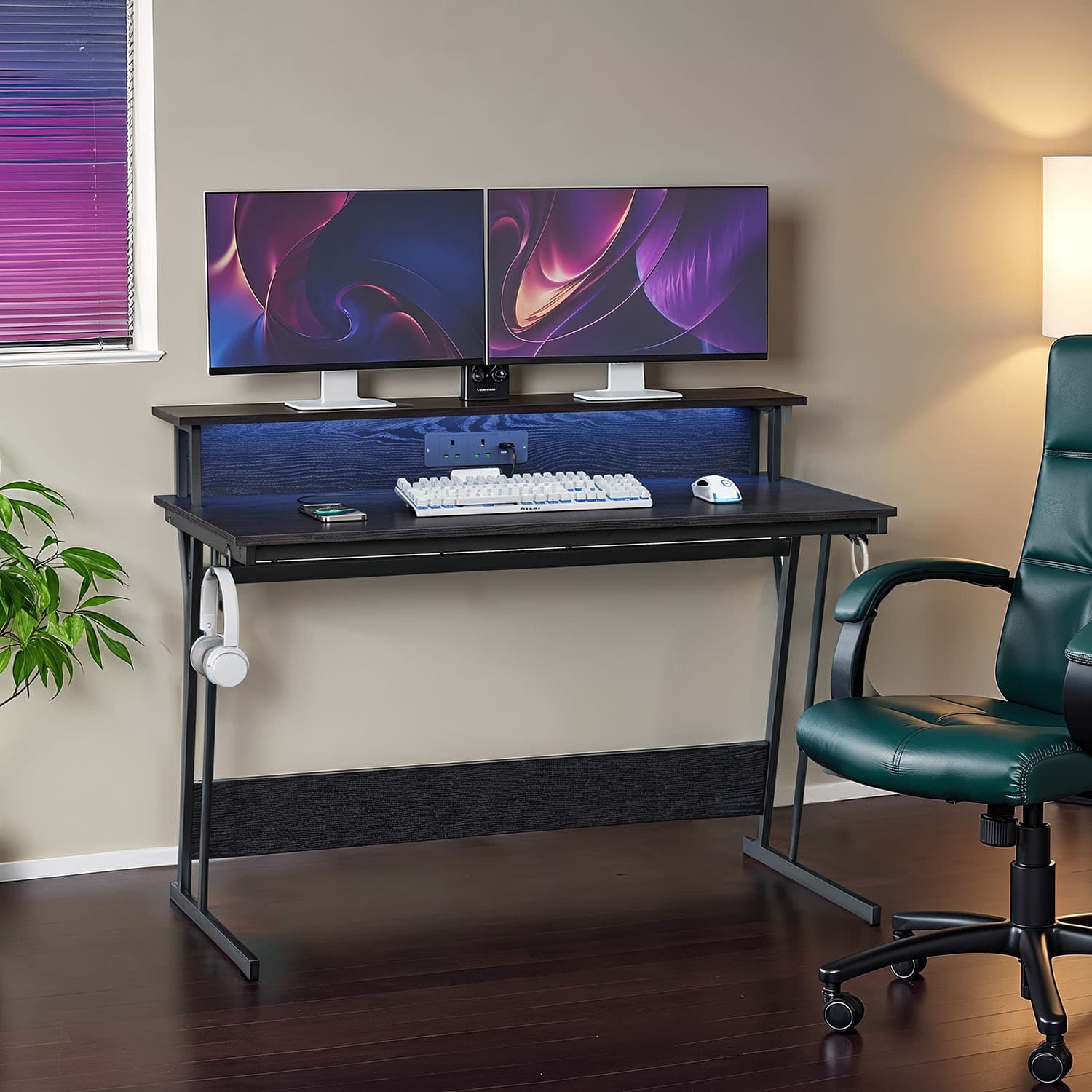 Computer Desk – Engineered Wood – Black – LED Lights and Built-In Power Outlets, Monitor Shelf
